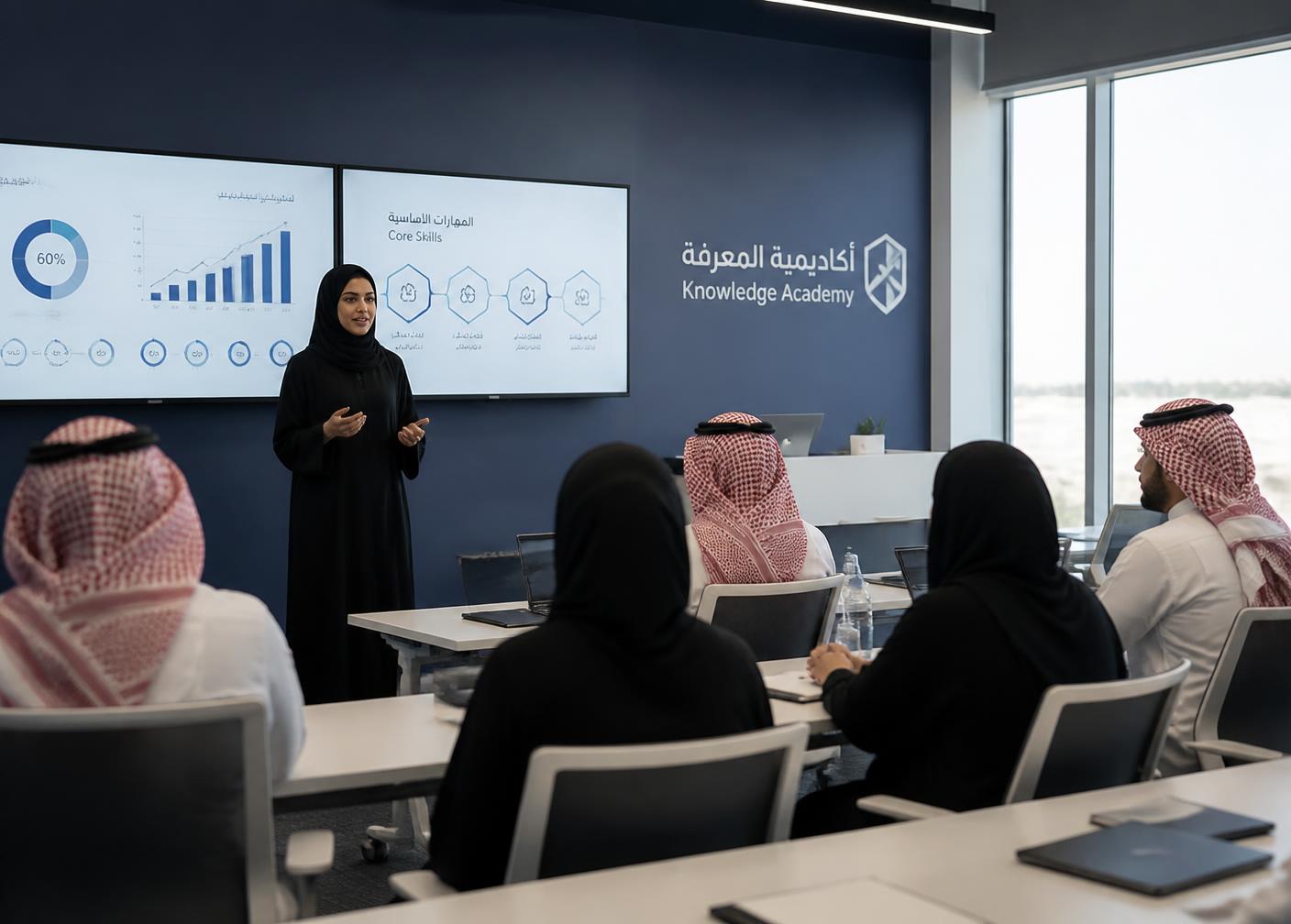 A trainer leading an Emdad Academy classroom session
